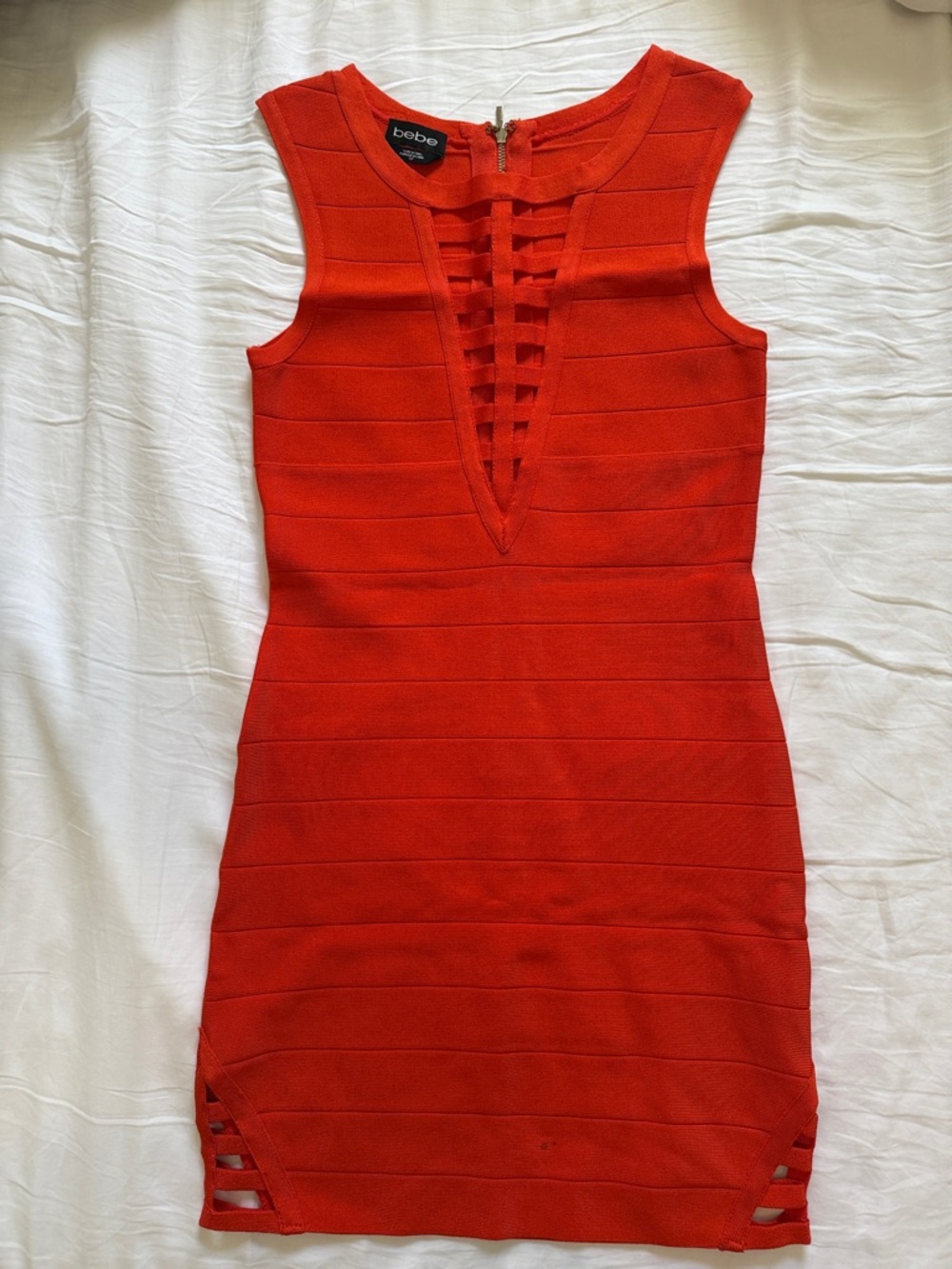 bebe Bright Orange Sleeveless Bandage Mini Dress with Ladder Plunge